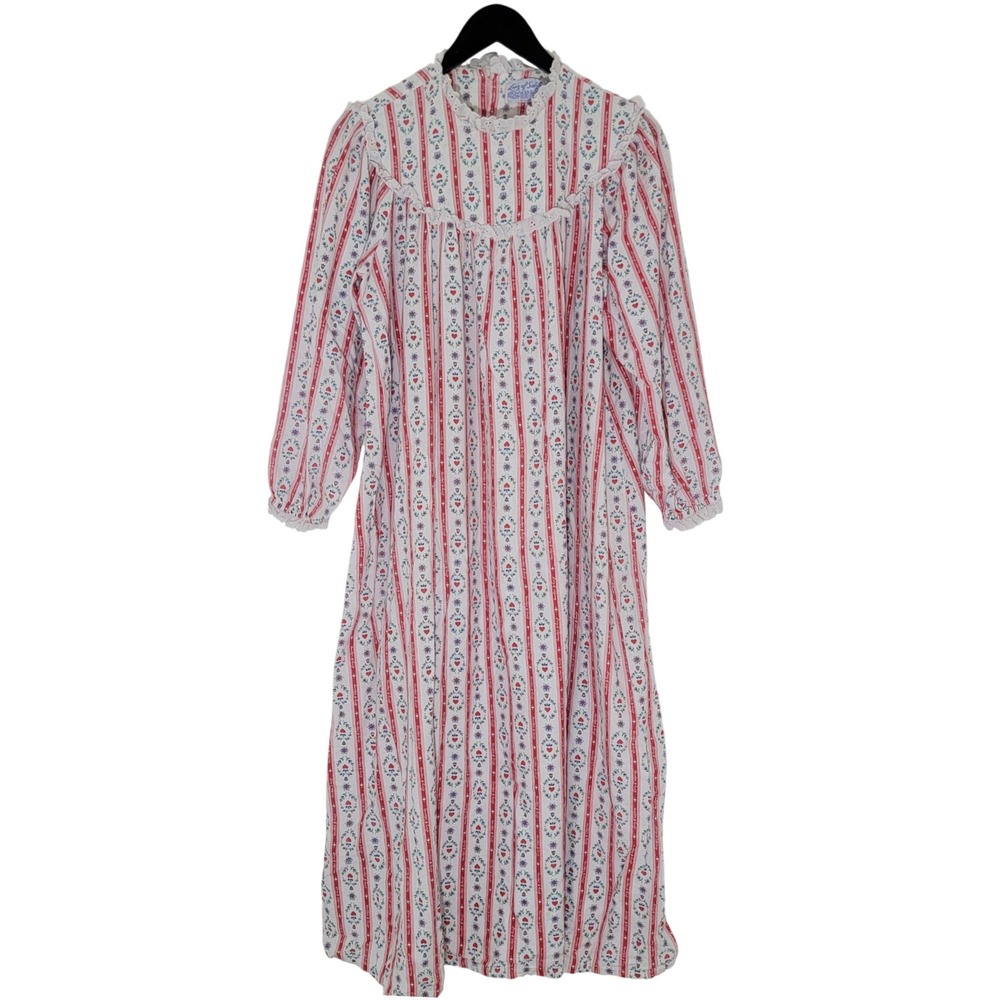 VTG Lanz of Salzburg Made in USA Nightgown Sz‎ L White Red Tyrolean Cotton EUC